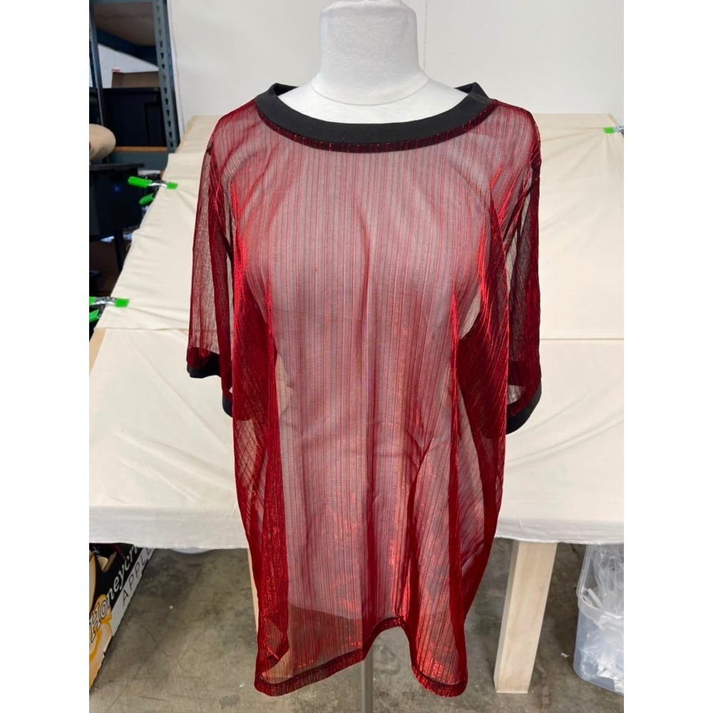 Allegra K Womens XL Red Black Sheer Metallic Mesh Pleated Oversized Top NWT
